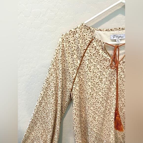 POLAGRAM | Cream Boho Floral Blouse Rust Tie Tassels | Size Medium - Picture 2 of 7